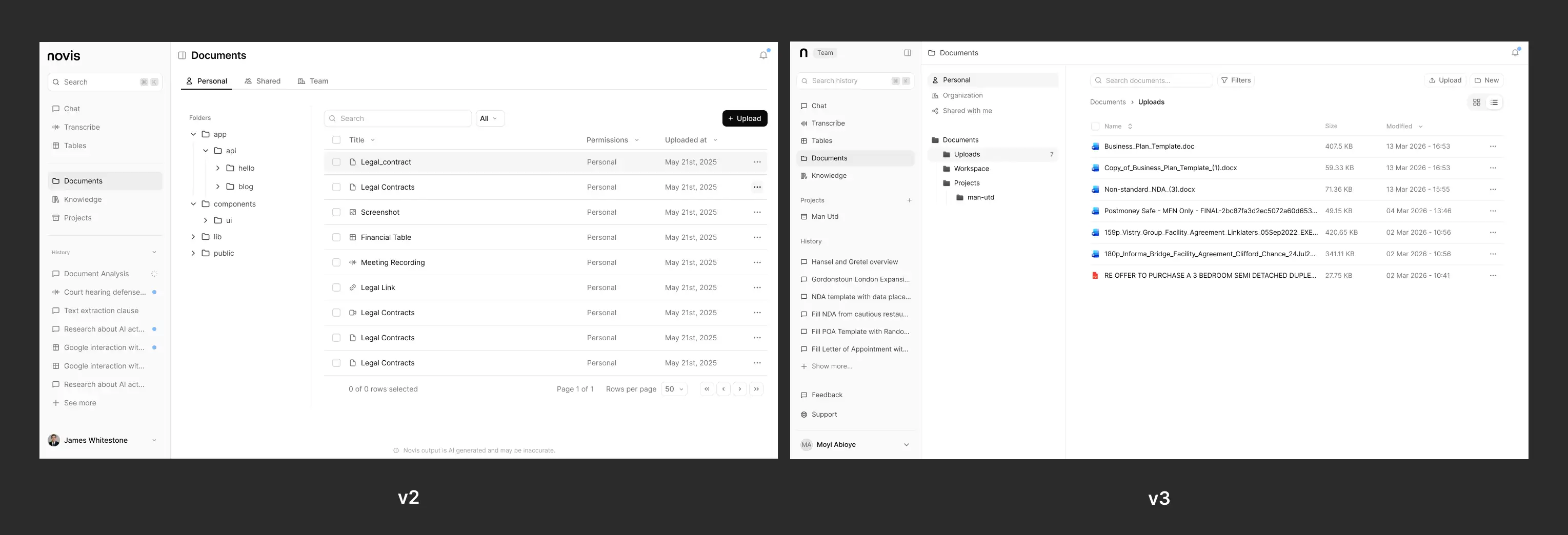 Documents UI before and after visual softening from v2 to v3